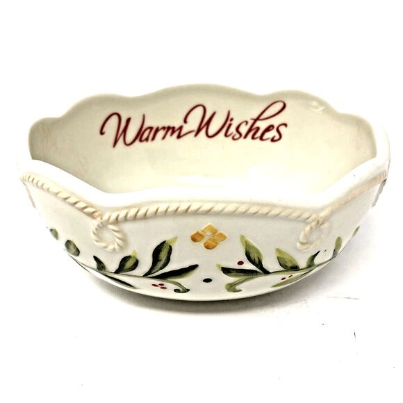Fitz and Floyd Christmas Bowl Warm Wishes Sentiment Holiday  Holly Berries Gift - Picture 1 of 10